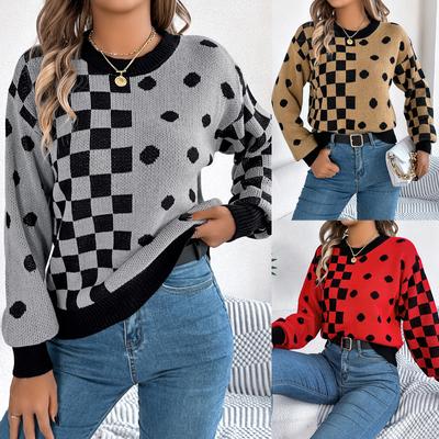 Dames Gebreide Trui Ronde Hals Lange Mouw Sweatshirt Losse Stippen Geruit Pullover Jumpers