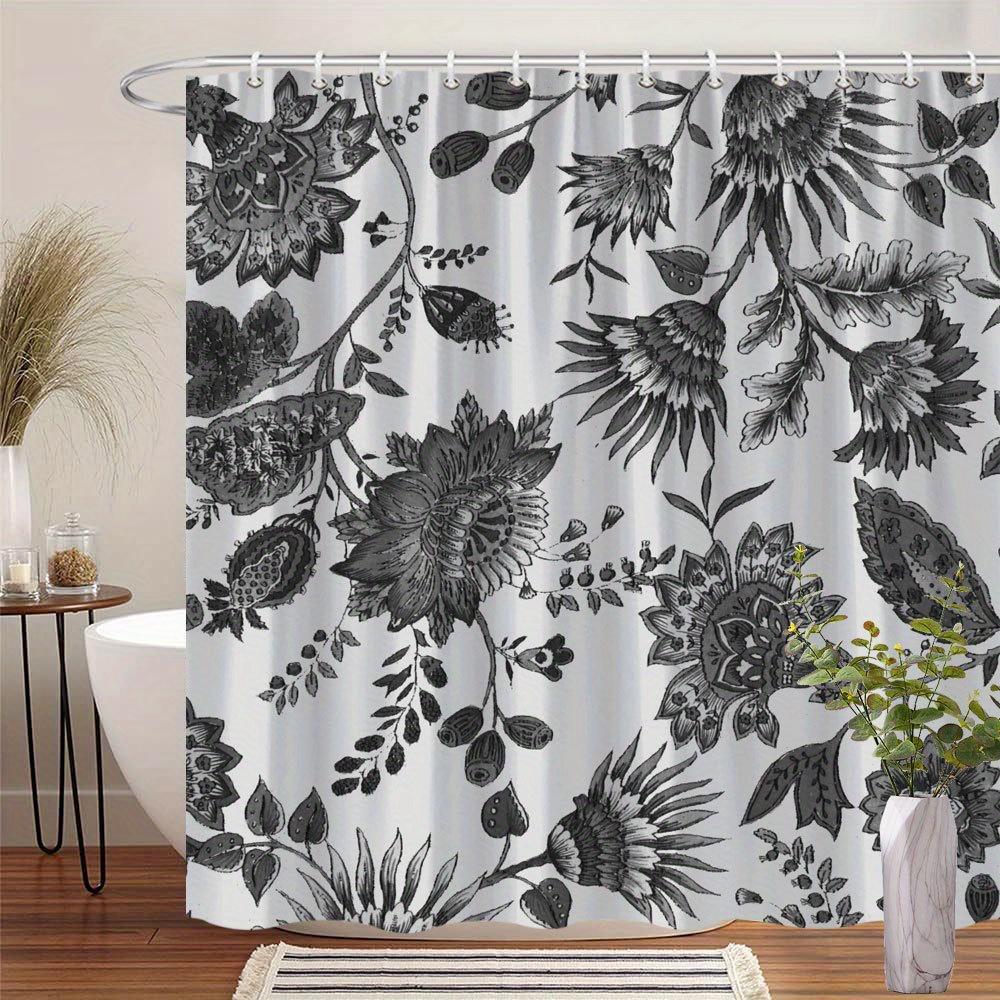 

1 solid color botanical digital painting shower curtain, dense floral pattern, polyester fabric, machine washable, with hooks 90X180cm