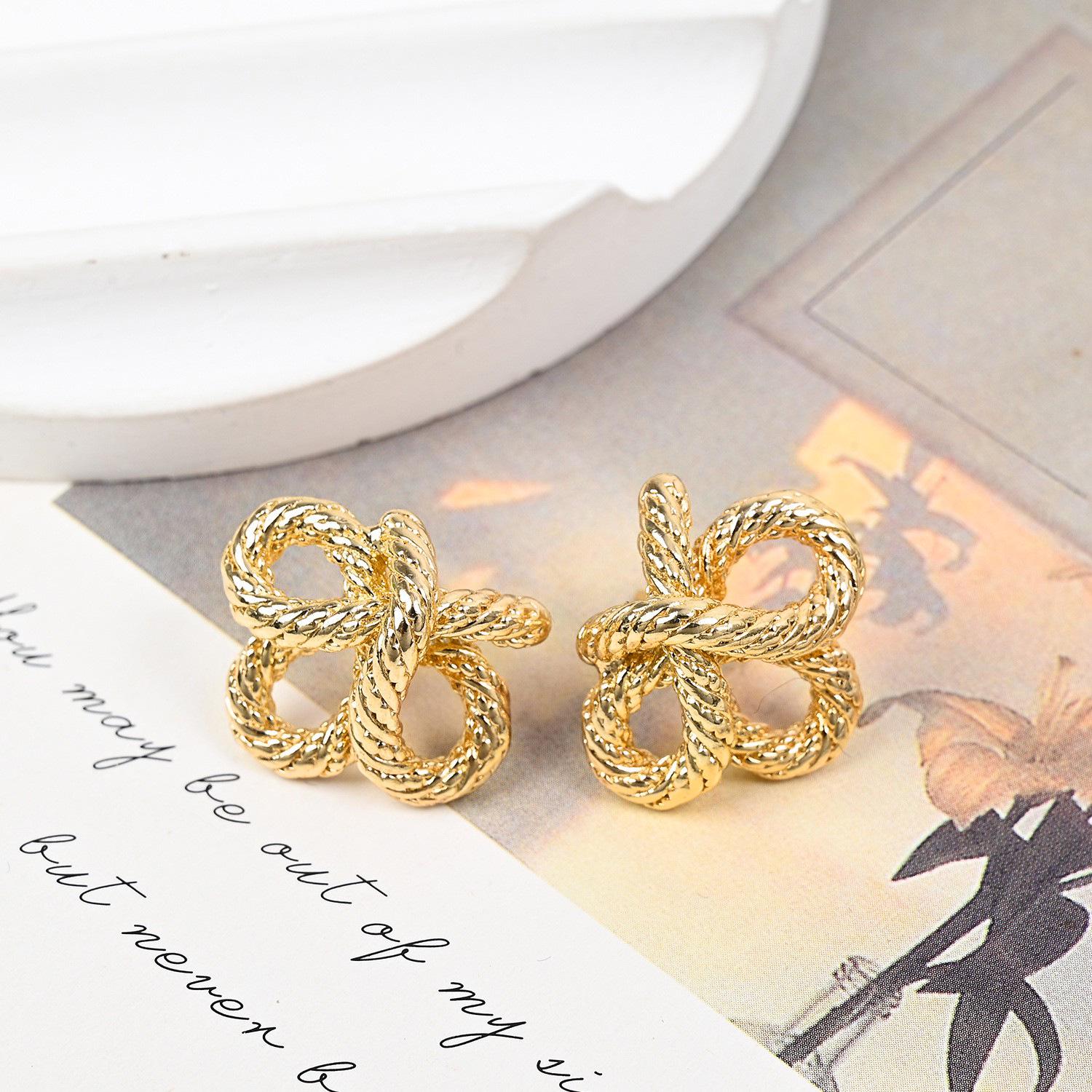 French Gold Bow Knot Stud Earrings in S925 Silver
