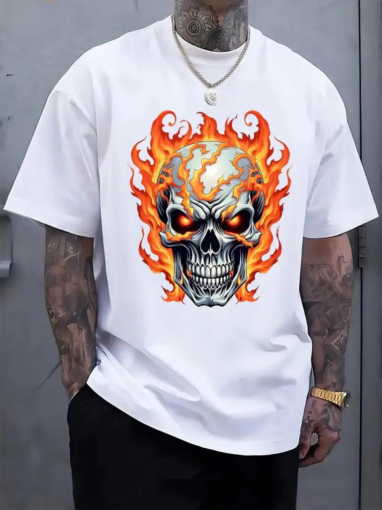 Summer Highquality Mens Tshirt 100 Pure Cotton with Flame Skull Pattern Fashionable Hiphop Gothic Street Mens Clothing