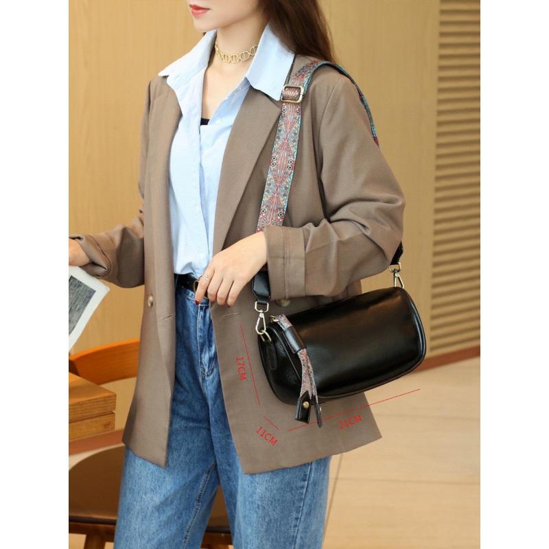Head Cowhide Pillow Bag Leather Bag Wide Strap Crossbody Bag Vintage Leather Ladies Shoulder Bag