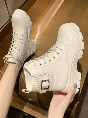 Fashion New Women White Ankle Boot PU Leather Thick Sole Lace Up Combat Booties Female Autumn Winter Platform Shoes Rubber Cowboy Boots