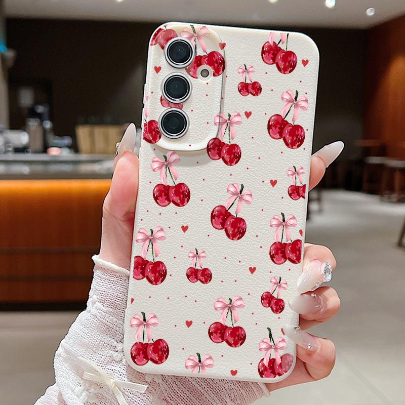 Cherry Bowknots Print Case For Samsung S26 Ultra S25 A18 S24 S23 S22 S21 FE A15 A16 A17 A35 A36 A37 A54 A55 A56 A57 Leather Texture Silicone Cover