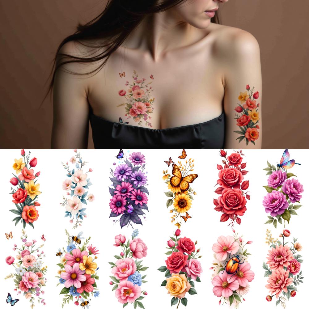 12pcs Temporary Tattoo Floral Tattoos Waterproof Long-lasting Body Stickers Hummingbird Tattoos Butterfly Tattoos For Thighs