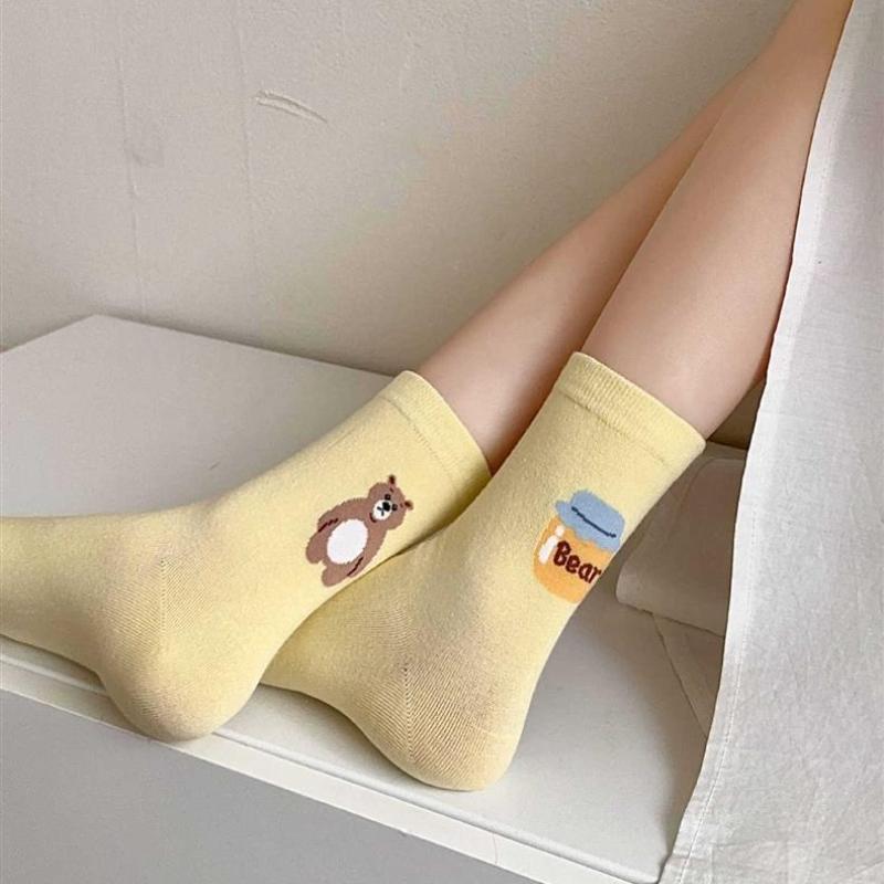 Trendy A&B Style Mid-tube Socks for Women Cute Cartoon Soft Breathable Cotton Socks Candy Color College Style Student Socks