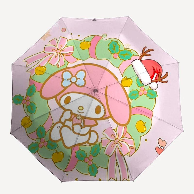 1pc My Melody Christmas Wreath Design Automatic Opening/Closing Umbrella with Festive Bowknot Decoration - Portable Three-Fold Design, 8-Bone Iron Fra