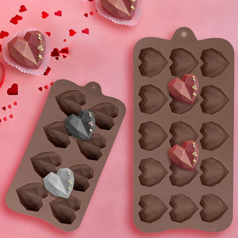 15/8 Cavity Diamond Heart Silicone Chocolate Mold 3D Heart Cake Accessories Molds DIY Ice Cubes Biscuit Pastry Baking Mould