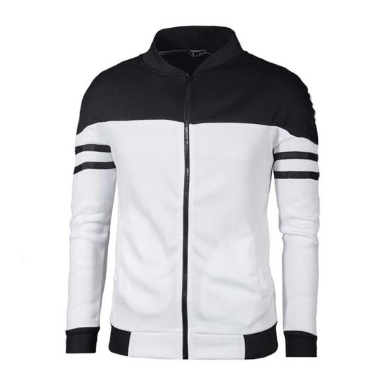 Men Autumn Coat Zipper Stand Collar Long Sleeves Contrast Colors Stretchy Hem Keep Warm Cardigan Color Matching Plush Plus Size Fall Coat for Daily