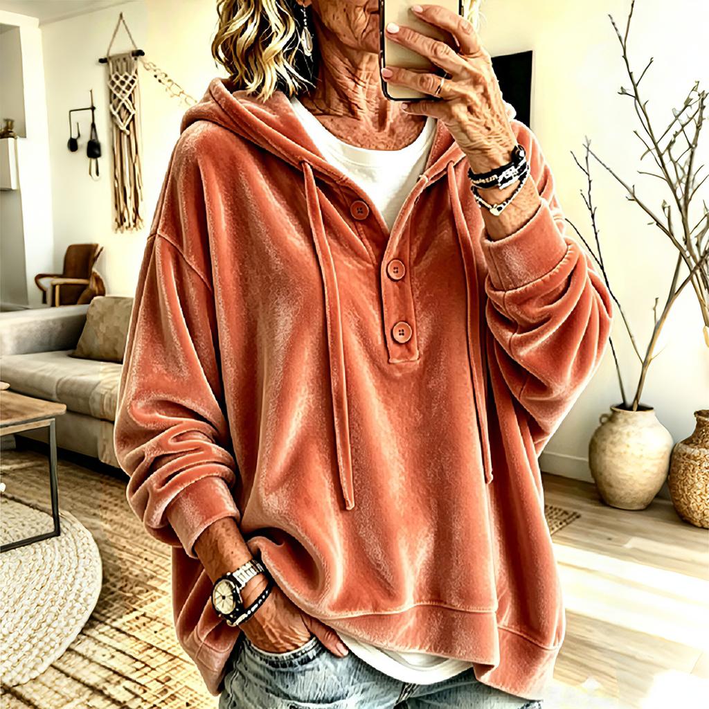 Women's Velvet Long Sleeve Hoodie Loose Fit Color Casual Pullover