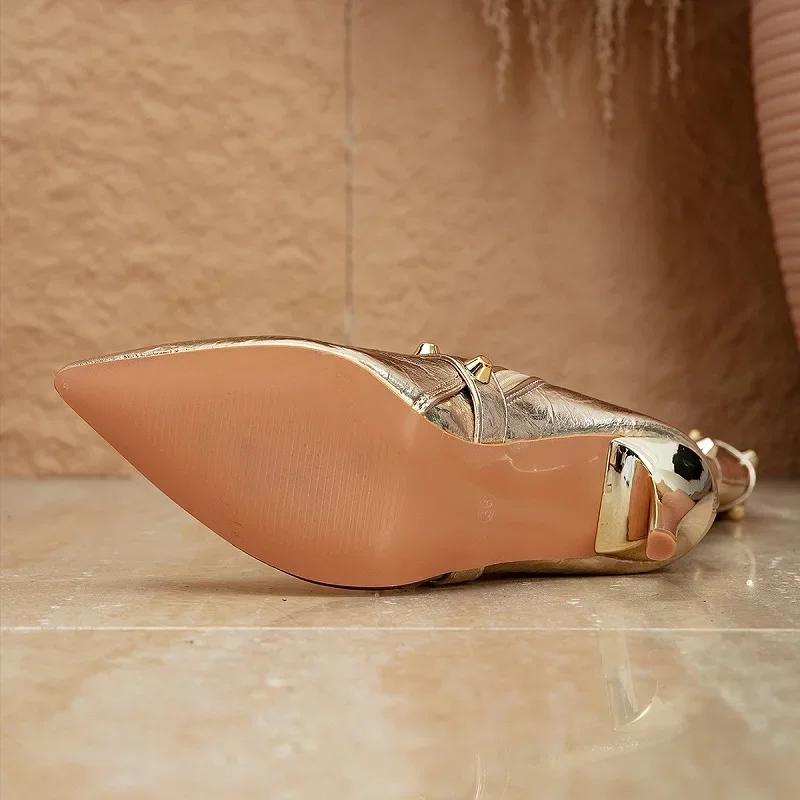 Fashion Eilyken Fashion Belt Buckle Rivet Pointed Toe Women Knee-High Boots Thin High Heels Stripper Prom Shoes Zapatos De Mujer
