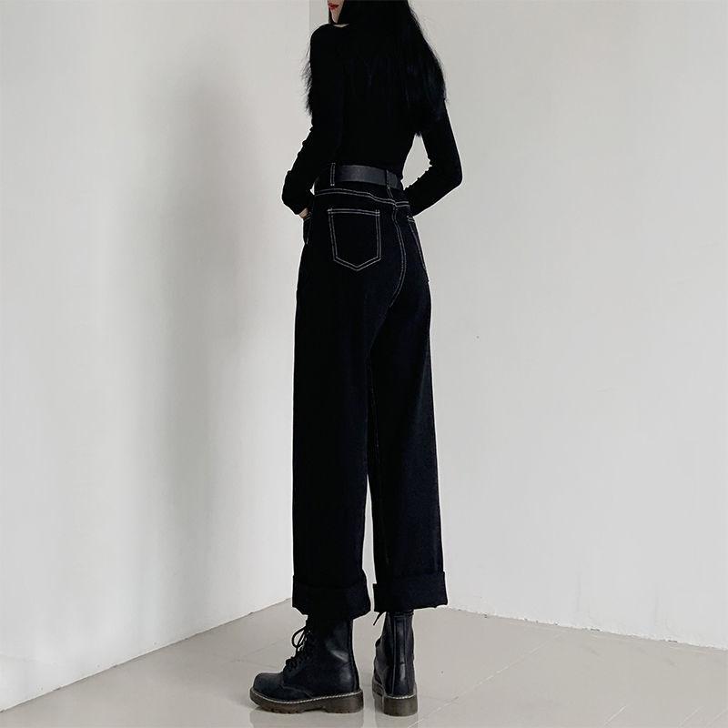 Jeans da donna harem neri dritti primavera autunno nuovo stile preppy gioventù decorazione linea luminosa larghi a vita alta pantaloni casual