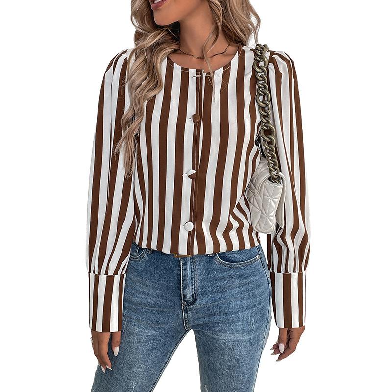 Women's Summer V-neck Single-breasted Cardigan Striped Color Clash Long-sleeved Shirt