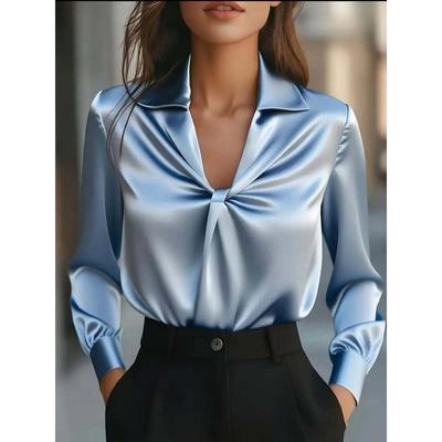 Moda Primavera Autunno Raso Pieghettato Intrecciato Ufficio Donna Camicetta Nuova Colore Unico Manica Lunga Casual Camicie Ampie Collo a Revers Scollo a V Semplici Top Monocolore Abbigliamento