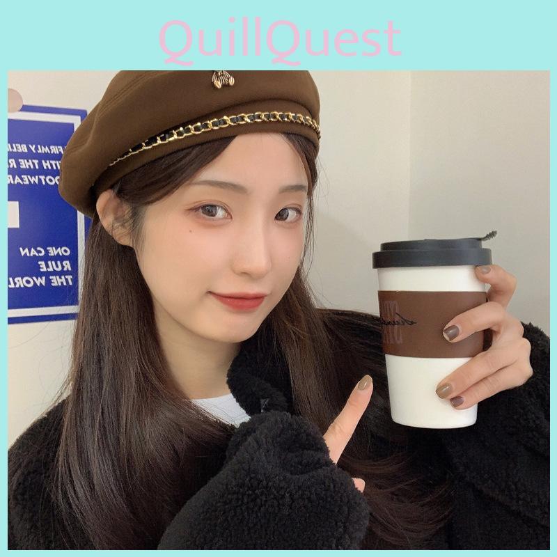 Retro Stylish Beret For Women Sweet Look With Embroidered Detail Chain