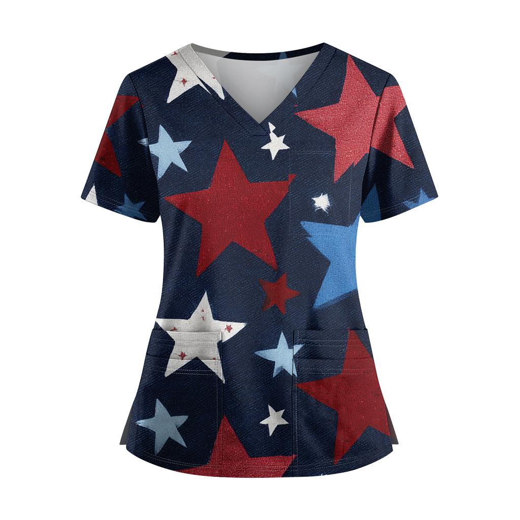 Women's Independence Day Print V-Neck Double Pocket Short Sleeve Uniform with Slit Hem - Caregiver Top
