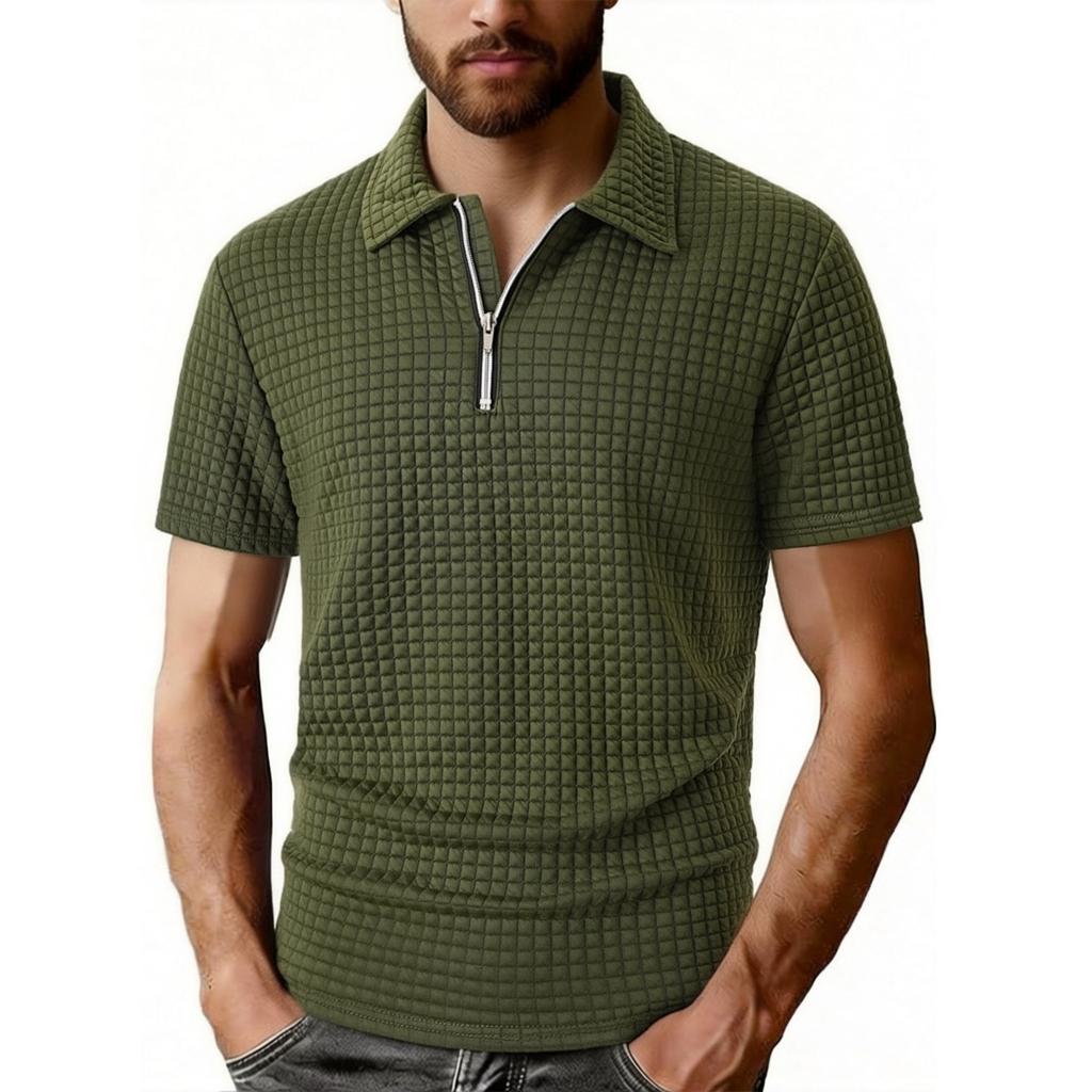 Men's Casual Fashion Polo Shirt Half Zipper Short Sleeve Checkered Jacquard Outdoor Sweatshirt with Turn Down Collar