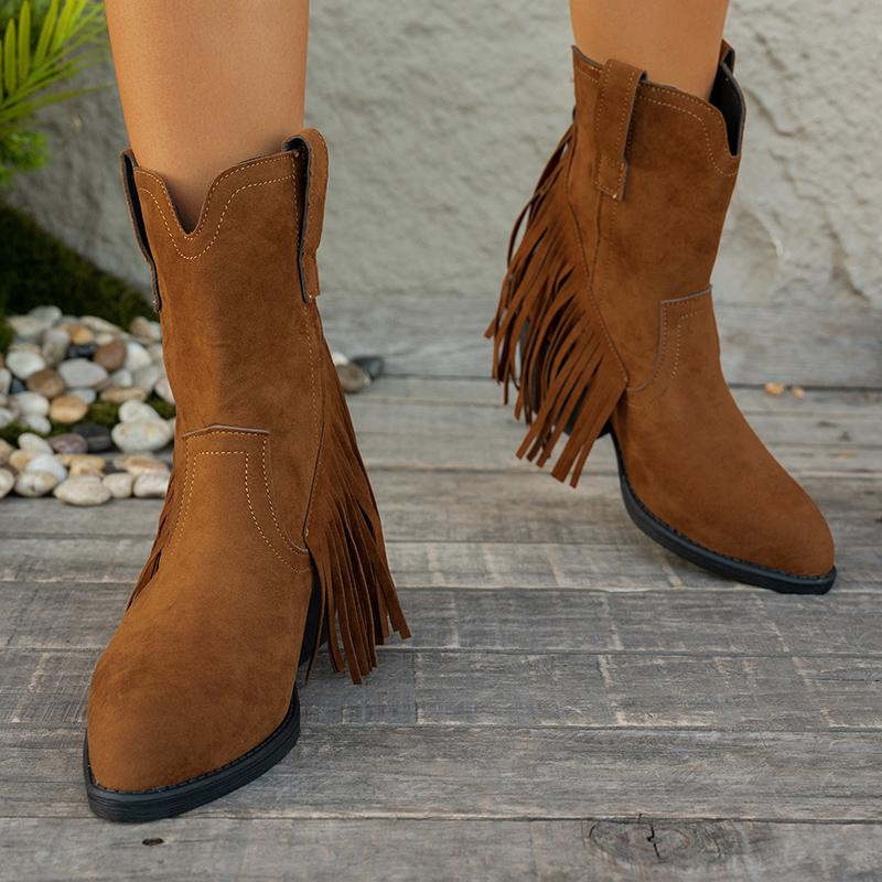 Retro Tassel Suede Western Cowboy Boots Women 2025 Winter Sexy Pointed Toe High Heel Ankle Boots Woman's Designer Short Boties