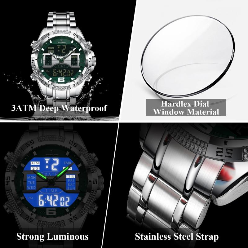 POEDAGAR Sports Luxury Man Wristwatch Dual Time Display Digital Week Date LED Luminous Men Watch Electronic Quartz Watches