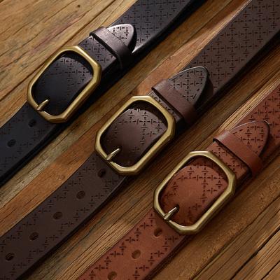 Men'S Genuine Leather Belt Men'S Handmade First Layer Cowhide Belt Personalized Engraved Retro Belt Copper Buckle Belt