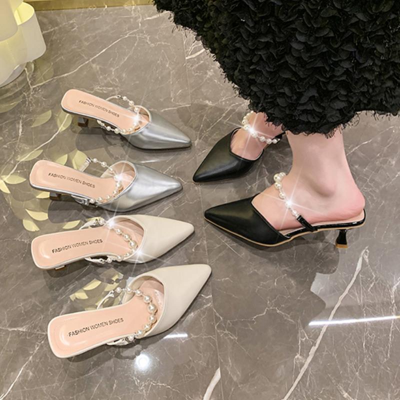 Fashion New Design High Heels Woman Pumps Rhinestone Buckle Strap Mules Slippers Sexy Pointed Toe Wedding Banquet Female Shoes