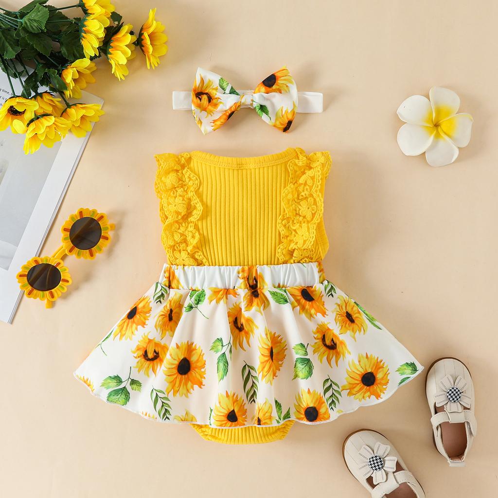 Baby Girl Sleeveless Lace Trim Ribbed Bodice Floral Print Skirted Triangle Romper with Headband Summer Outfit for Infant Toddler