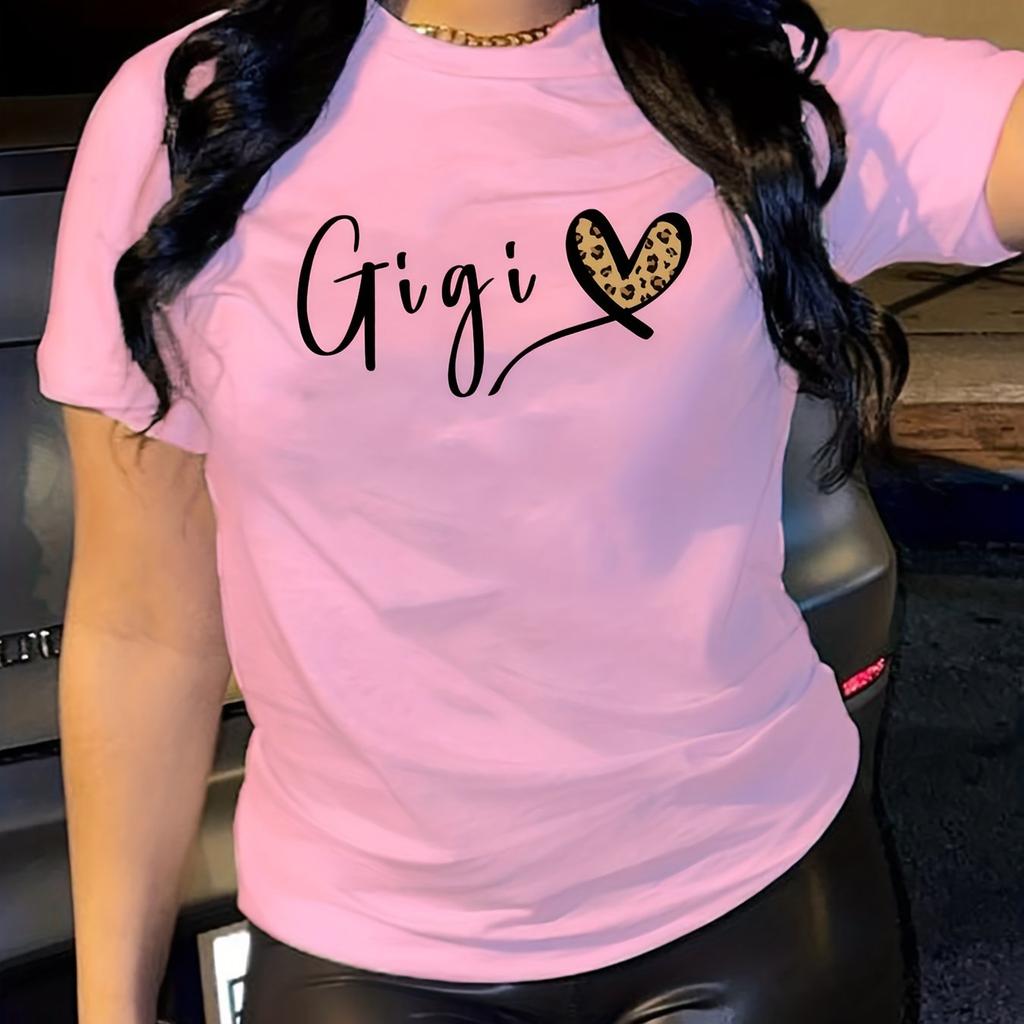 Gigi Letter Heart Print T-Shirt, Crew Neck Short Sleeve T-Shirt, Casual Every Day Tops, Women's Clothing