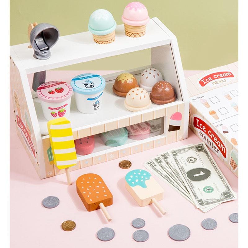 Wooden Ice Cream Shop Pretend Play Toy Set For Kids Mini Role Play Ice Cream Vending Machine With Sweet Cone Ice Cream Decorations