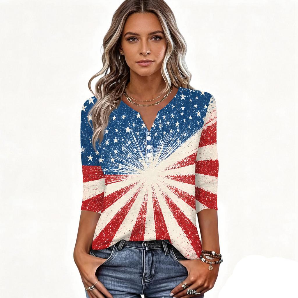 Women's T Shirt Independence Day Print Button 3/4 Sleeve Daily Weekend Fashion Basic V- Neck Regular Top