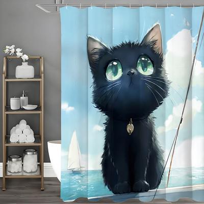 Cartoon Black Cute Cat Ocean Shower Curtain, Bathroom Decorative Shower Curtain, Waterproof Shower Curtain with Hooks