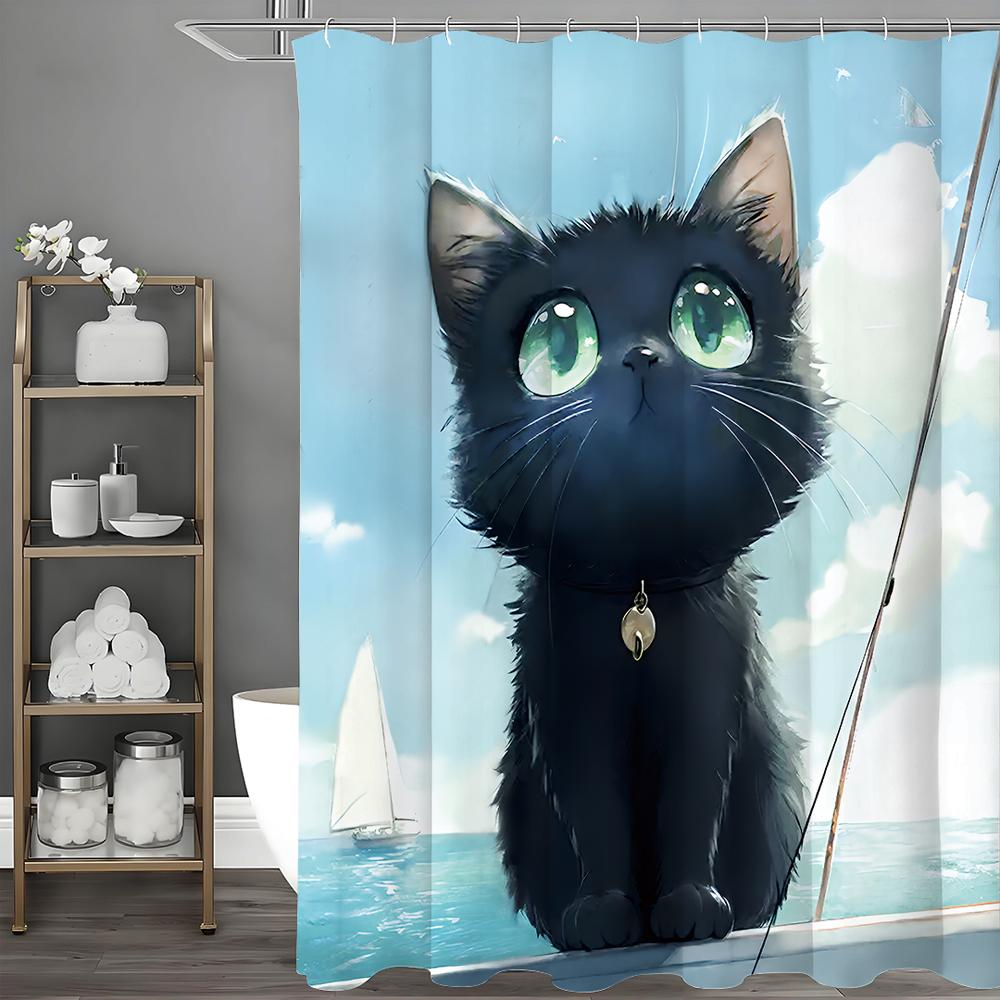 

Мультяшная черная милая кошка океанская шторка для душа, декоративная шторка для ванной, водонепроницаемая шторка для душа с крючками 90*180cm