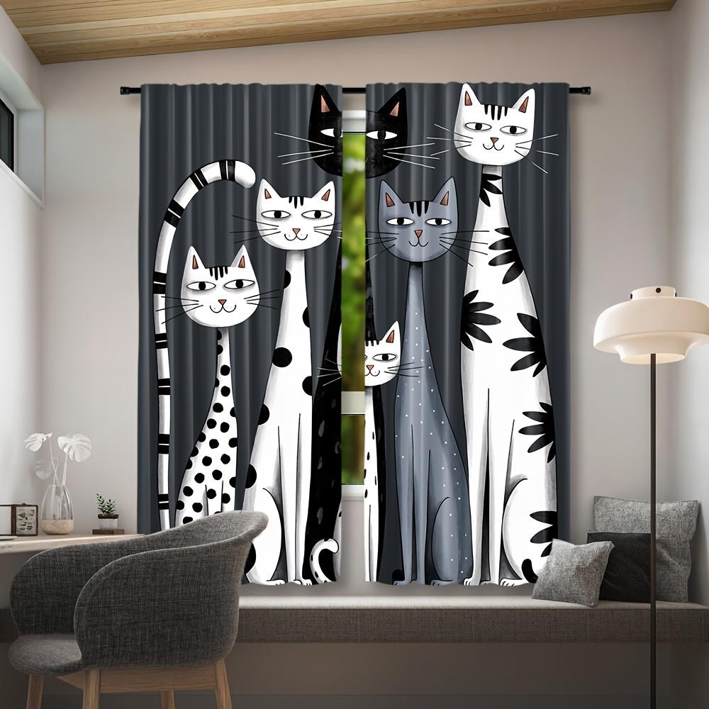 2Pc Cat Print Curtains - Lightweight  Rod Pocket Drapes With Plaid Background, Playful Black Cat Design For Modern Home Decor