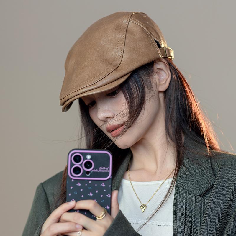 Hut Damen 2026 Neuer Modetrend Leder Hongkong-Stil Großer Kopfumfang Vorwärtskappe Retro Baskenmütze Zeigt Kleines Gesicht