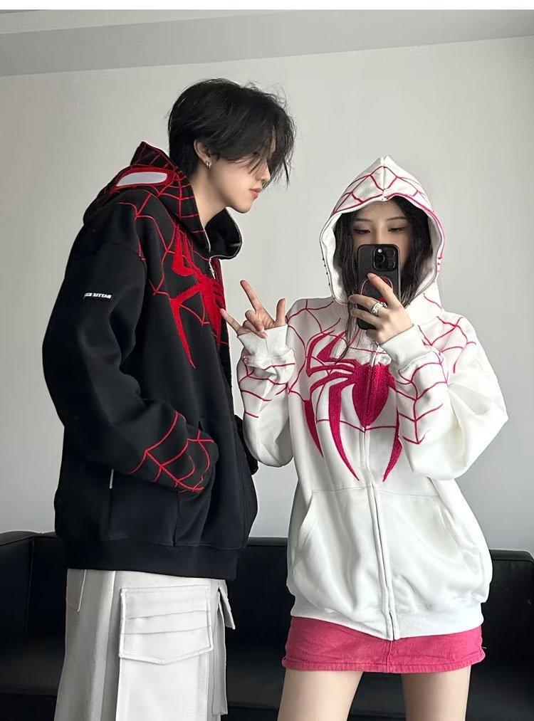 American Spider Embroidered Zip-Up Hoodie Men Women Oversize Hooded Sweatshirt Fall Couple Jacket
