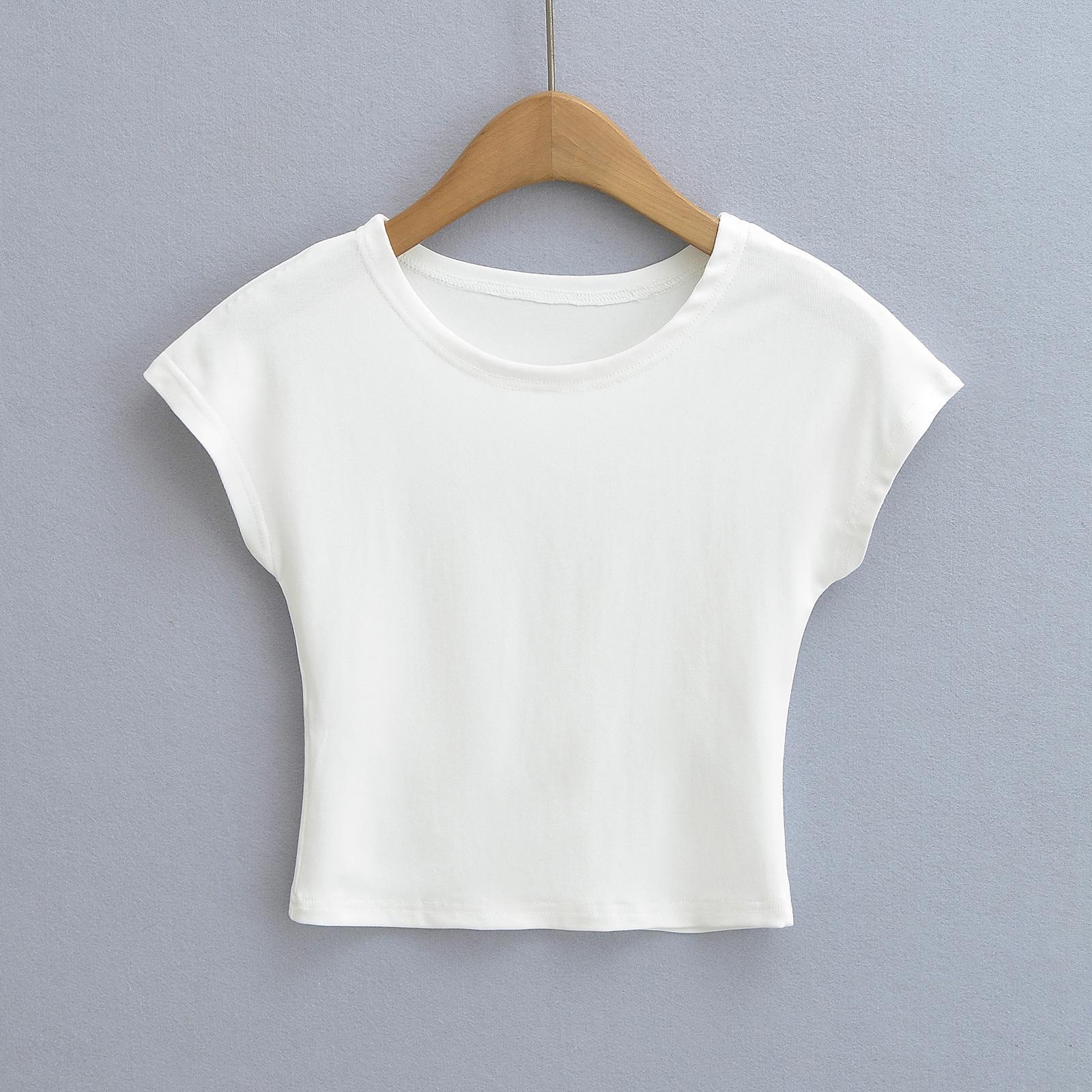 

Женский однотонный облегающий укороченный топ 2024 года — круглый вырез, короткие рукава, высокая талия Medium белый