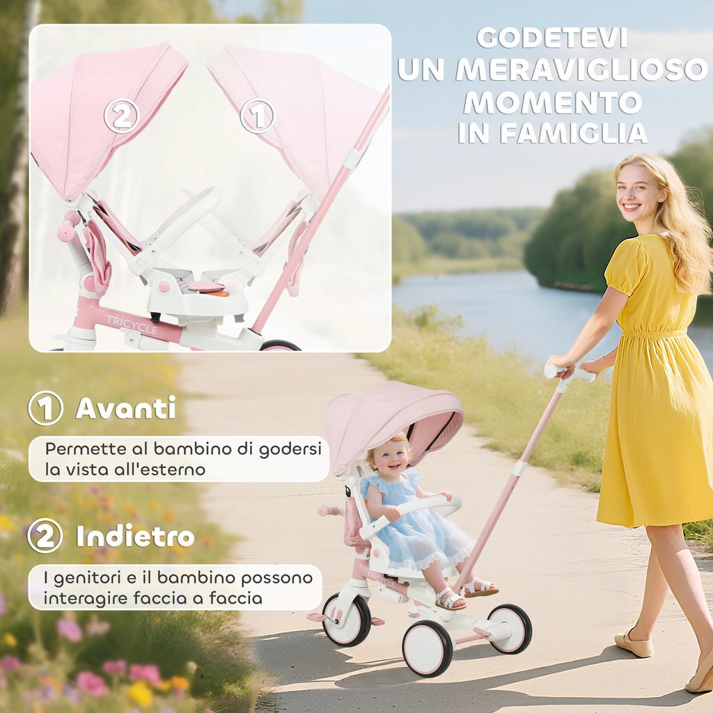 5-in-1 Children's Tricycle, Push Handle, Removable Cover, 96.5x49x101 cm, Pink