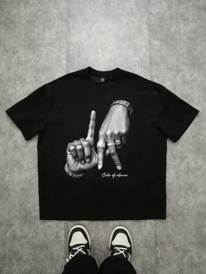 Men Retro Hip Hop Oversized T‑Shirt Bling Hand Gesture Print Street Short Sleeve
