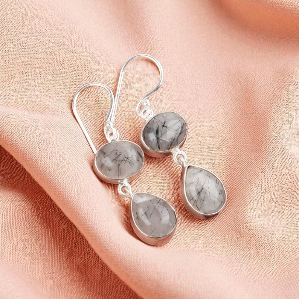 

Rare Black Rutile Gemstone 925 Sterling Silver Jewelry Handmade Earrings 1.88 EE-73-22