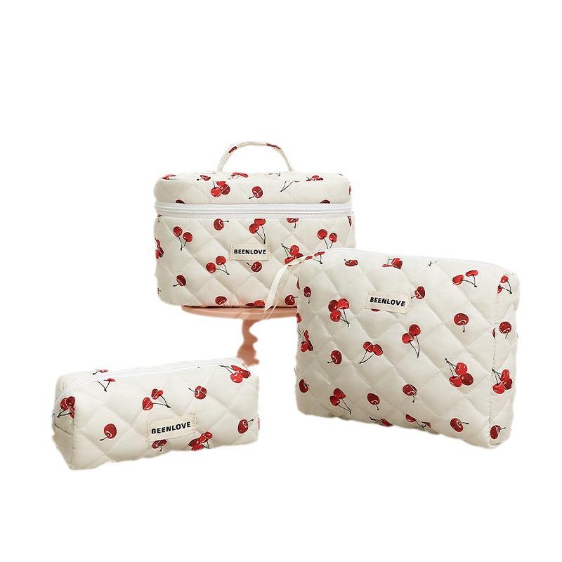 Runhui Cherry Secret Quilted Makeup Bag – Large Capacity, High-End Feel, Fruit Pattern