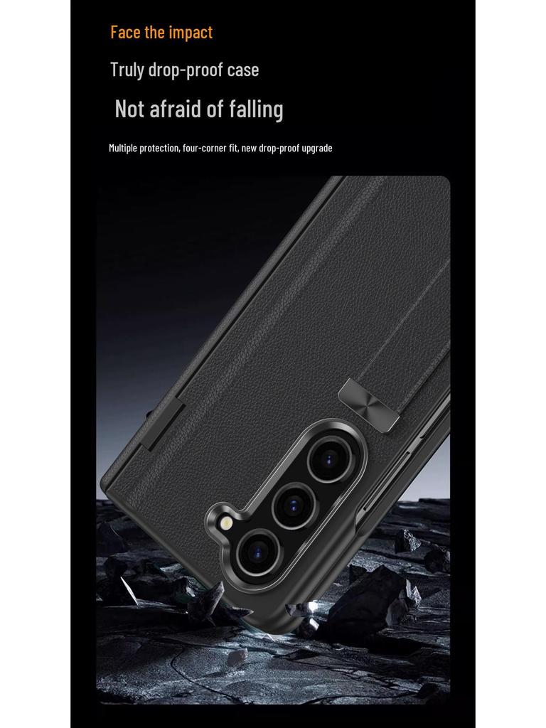 Samsung Fold6 Case with Stand: Protective PC Shell, Integrated Leather, Wrist Strap