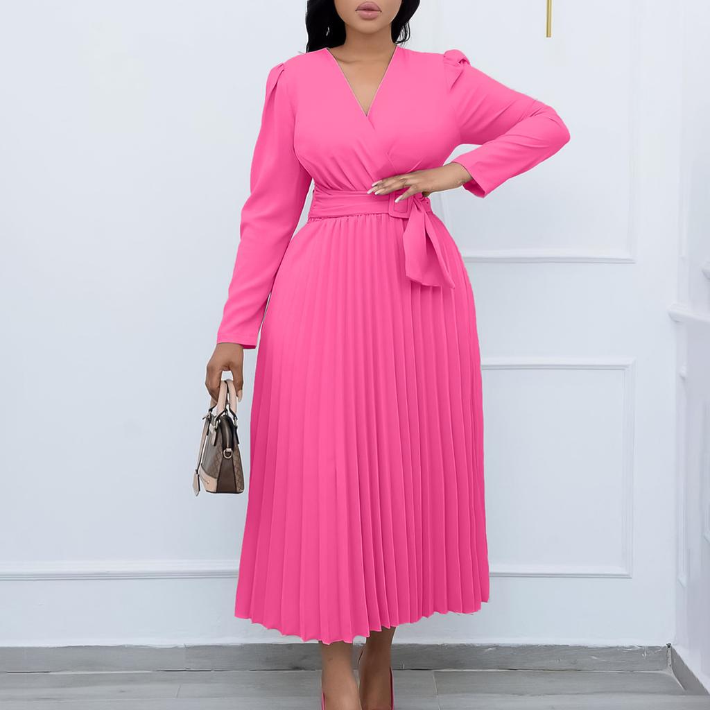 Large Size Women Fashion Solid V Neck Long Sleeves Dress Ladies Elegant One Piece Lace Up Slim Pleated Dress