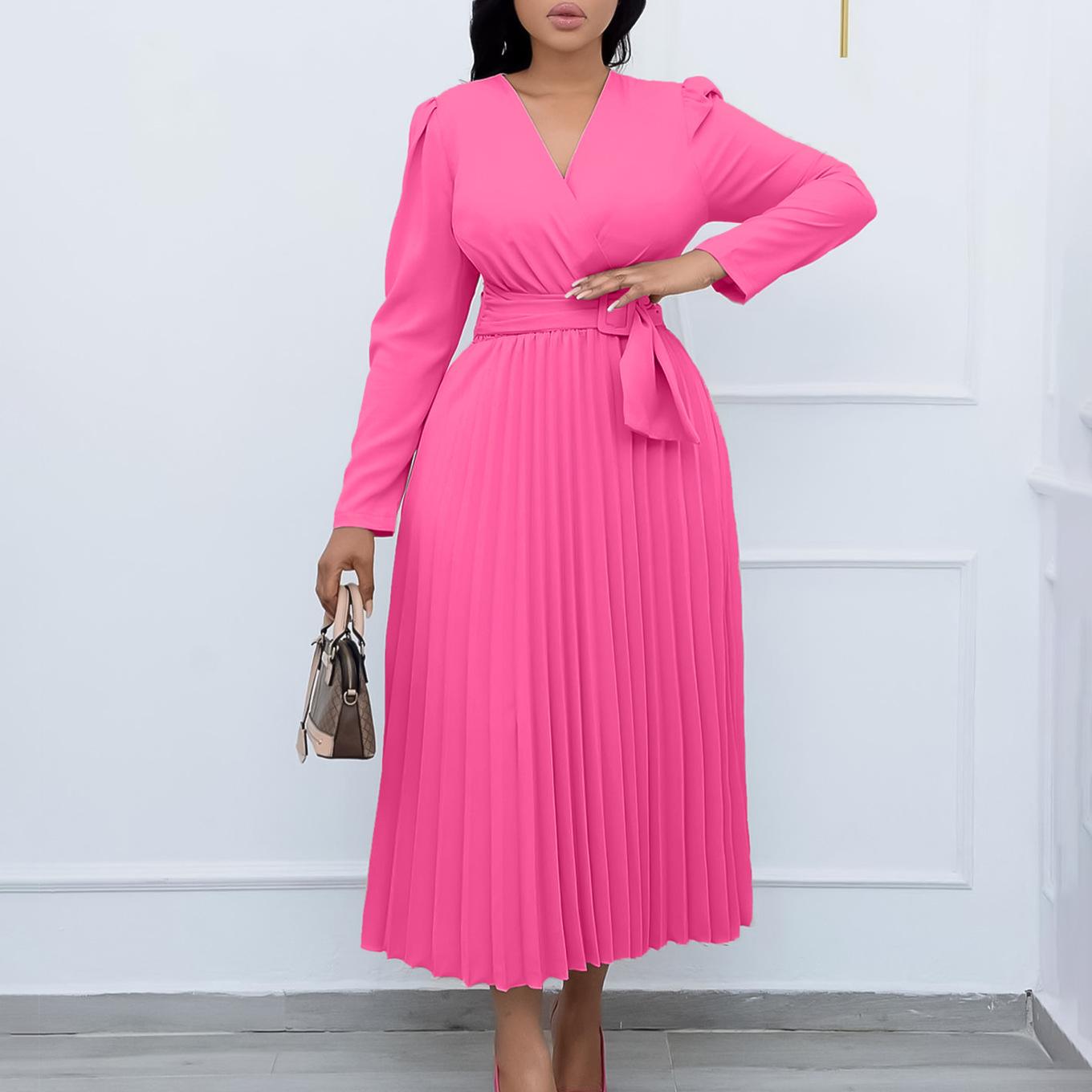 

Жіноча модна однотонна сукня з V-подібним вирізом і довгими рукавами великого розміру. Жіноча елегантна суцільна тонка плісирована сукня зі шнурівкою XXXL рожевий