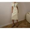 Women's Polo Collar Ribbed Knit Dress with Pearl Buttons and White Trim In Blue and Beige