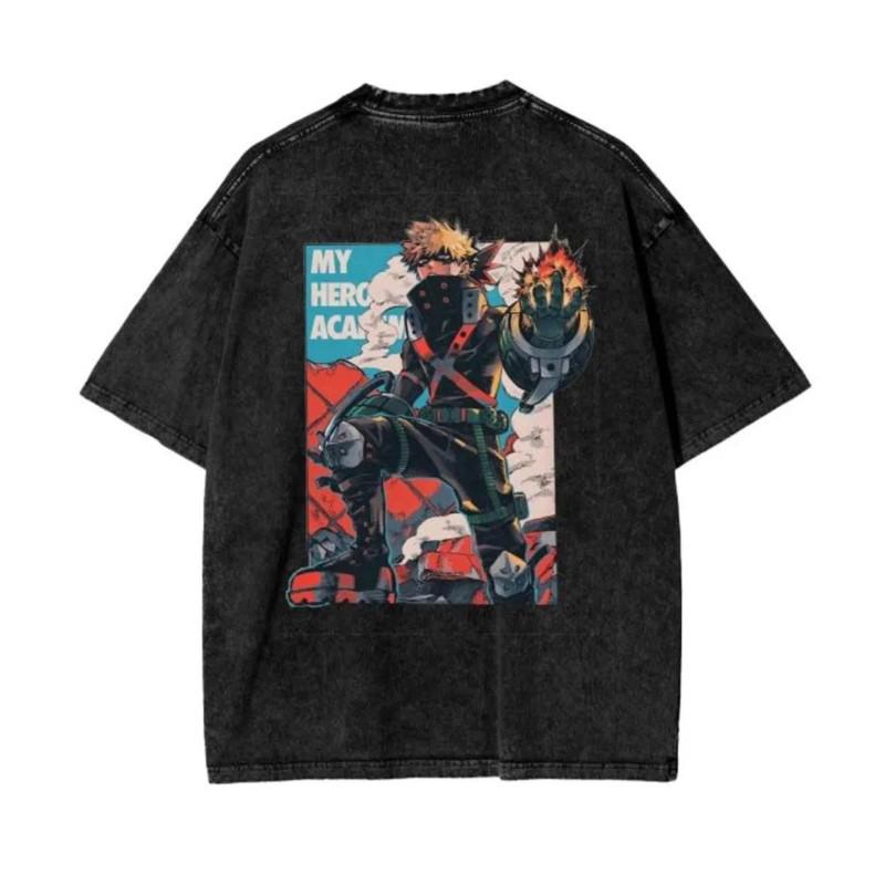 Bakugou Katsuki My Hero Academia Kleidung Herren Damen Anime T-Shirts Retro Gewaschenes T-Shirt Lässiges Baumwoll-T-Shirt Harajuku Männliches T-Shirt