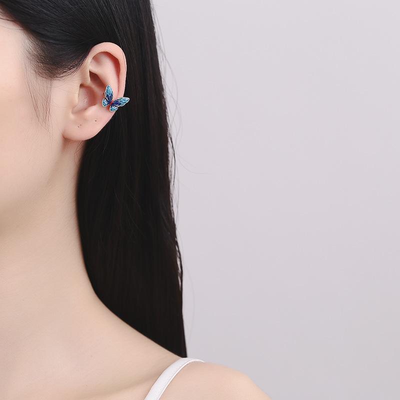 Blue Cloisonne Butterfly Clip On Earrings for Women Elegant Lightweight Fashion Accessories