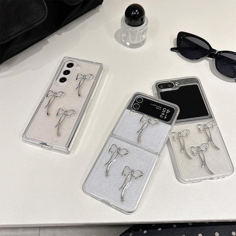 Transparent Glitter Ins Style Bow Phone Case for Samsung Zflip6 Clamshell Folding Zfold5 Women's Model