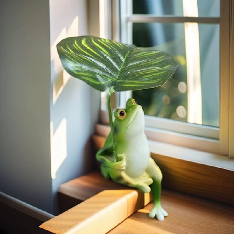 Cartoon Fun Cute Umbrella Frog Sculpture Jewelry Creative Lotus Leaf Frog Statue Aquarium Fish Tank Balcony Garden Decoration