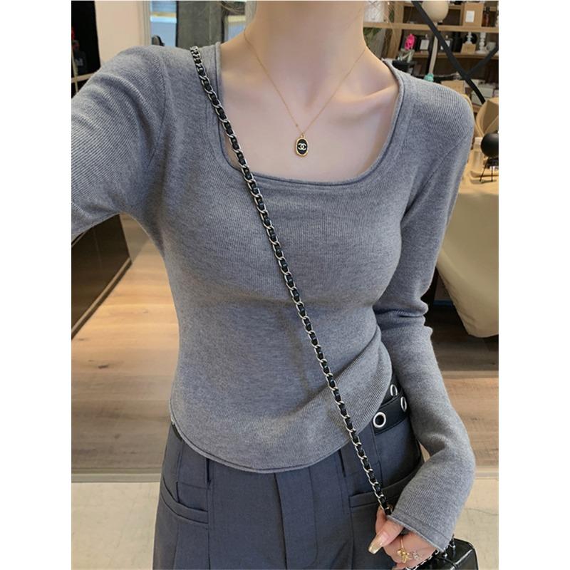 Premium Solid Color Curled Square Neck Knitted Top Women's Autumn and Winter Temperament Thin Bottoming Shirt Slim Short Sweater