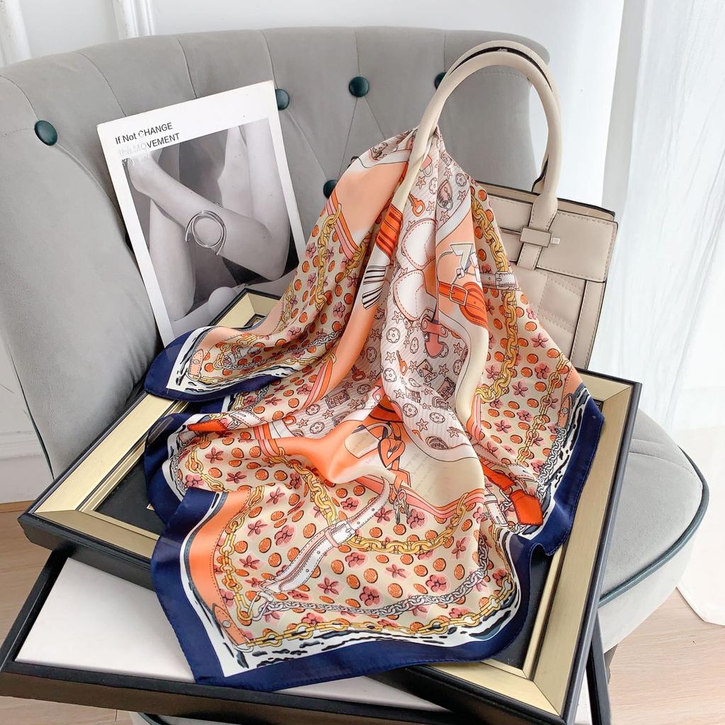 New simulated silk small square scarf summer fashion versatile sunshade headscarf decorative chain printed silk scarf