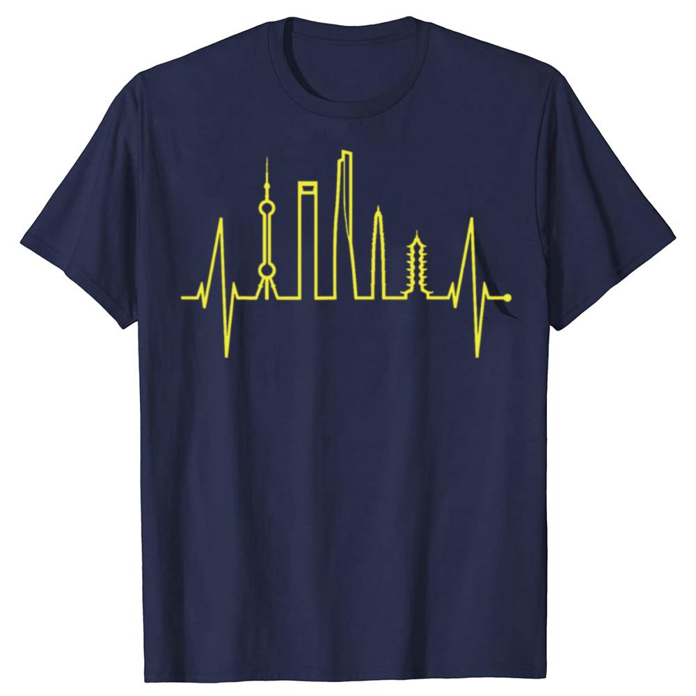 Funny Shanghai Skyline Heartbeat Heart China Asia I Love Shanghai T-shirts Men Casual Tshirt 100% Cotton Loose Oversized T Shirt