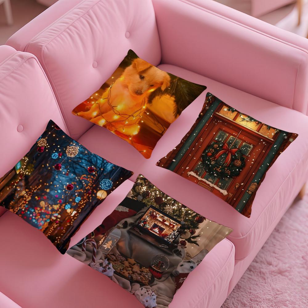 Beautiful Christmas Light Decorations Picture Third Pillow Case Silky Short Plush With Invisible Zipper Dustproof Sofa Cushion